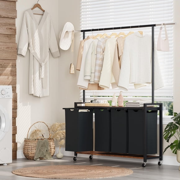Panier Trieur de Lessive à 4 Sections sur Roulettes avec Support Suspendu et Tablette Utilitaire – Roues Verrouillables – Cadre en Métal Robuste – Panier Organisateur Multi-Pièces pour Buanderie, Chambre, Salle de Bain 4 Sacs