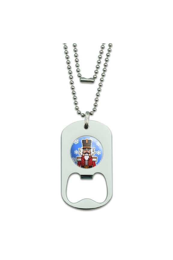 Grinning Nutcracker Soldier with Snowflakes Military Dog Tag Bottle Opener Pendant