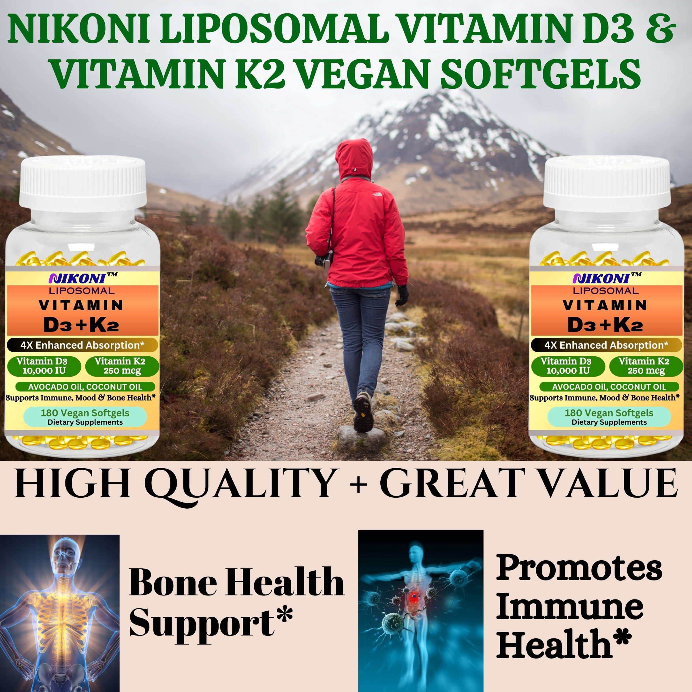 Nikoni Liposomal Vitamin D3 10,000IU + K2 Softgels Dietary Supplement, High Strength, 180 Vegan Softgels