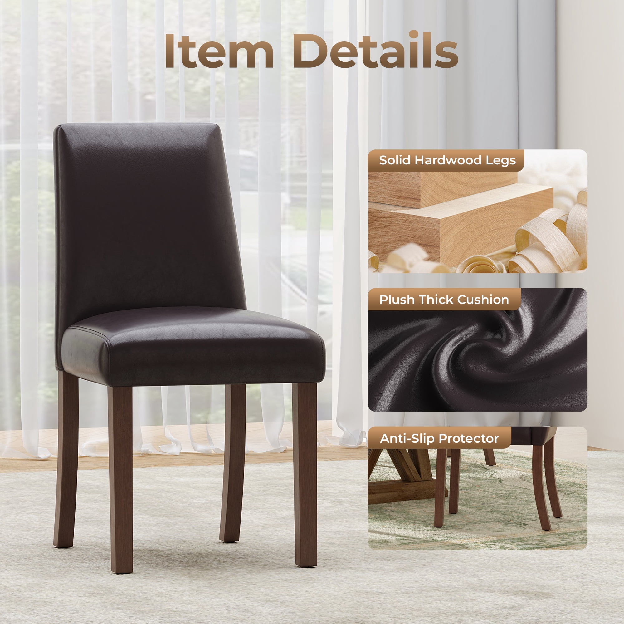 EOP Upholstered Dining Chairs Set of 2, Faux Leather Dining Side Chairs, Farmhouse Dining Room Chairs, Stylish Kitchen Chairs with Solid Wood Legs and Padded Seat, Dark Brown