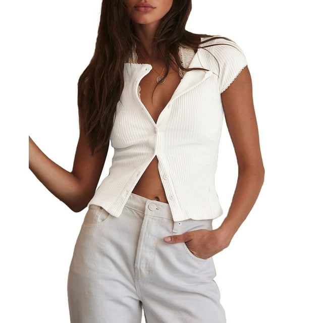 Women'S Short Sleeve Summer Tops Ribbed Knit Button Down Tight Tees Shirts Going Out Y2K Clothes White L
