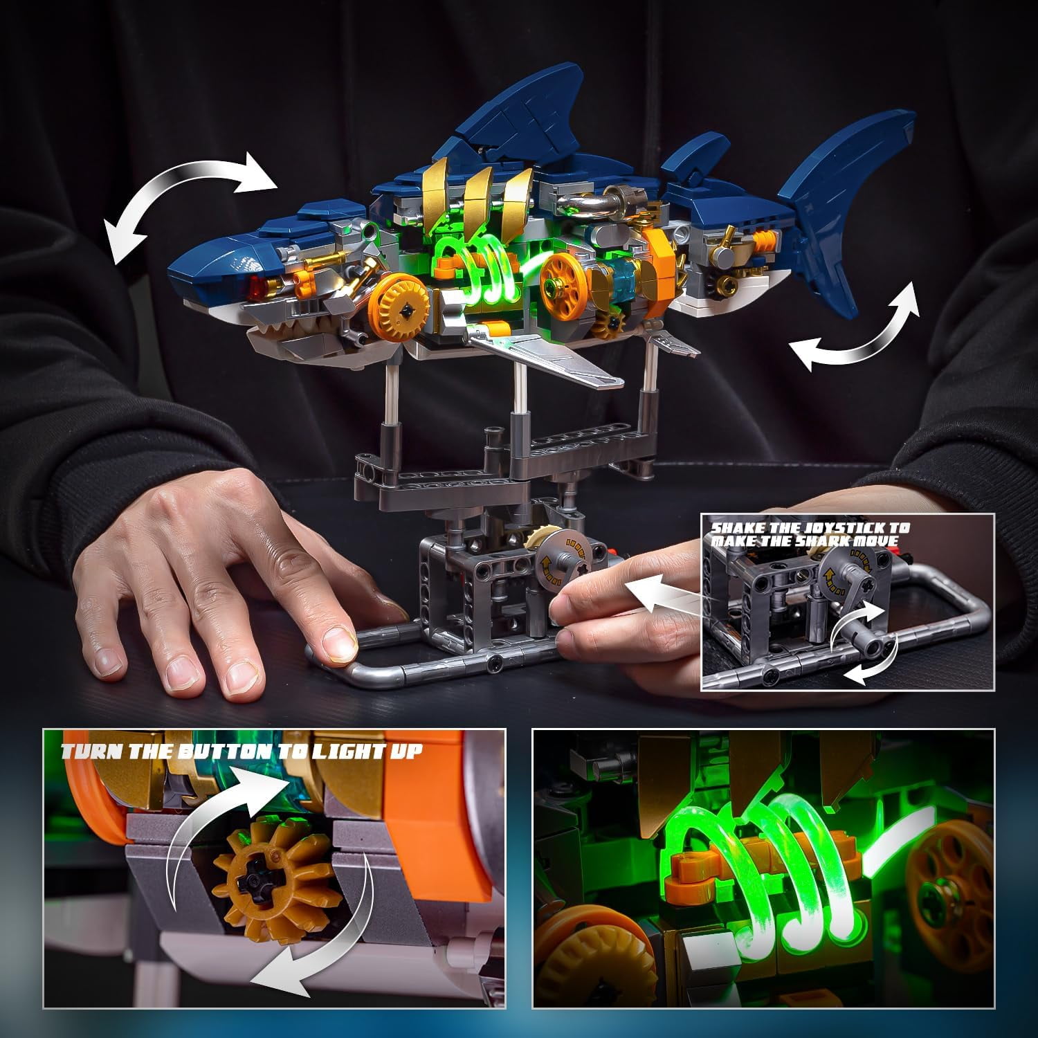 Mechanical Shark STEM Building Set,Sea Animal Toys Crossing Shark with Lighting and Linkable,Ideas Sets for Adults Shark,Creatures Gift  for Adults and Boys Ages 8-12