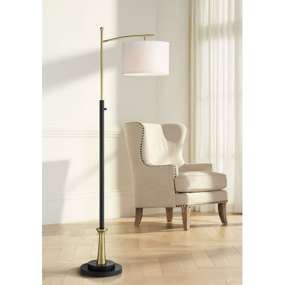 Possini Euro Design Modern Downbridge Floor Lamp 64" Tall Black Brass Metal Linen Drum Shade for Living Room Reading Bedroom Home