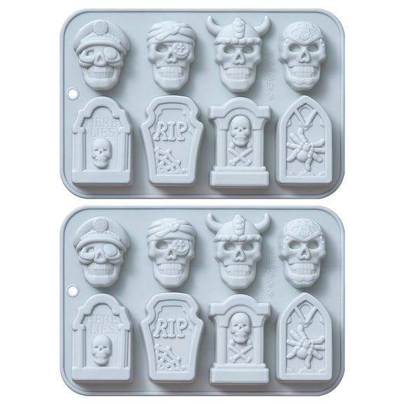 Rekidool Skull and Tombstone Shaped Silicone Chocolate Candy Mold Kit, Reusable, Non Stick, Flexible, 2 Count