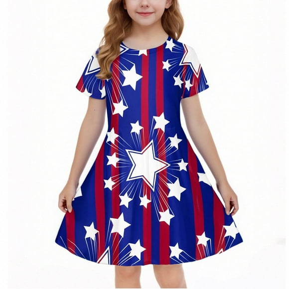LMKIHUSA 4th of July Pageant Dresses for Girls Independence Day Graphic Print Dresses Short Sleeve Crew Neck Outfits Casual Summer Princess Dress Blue,6 Years