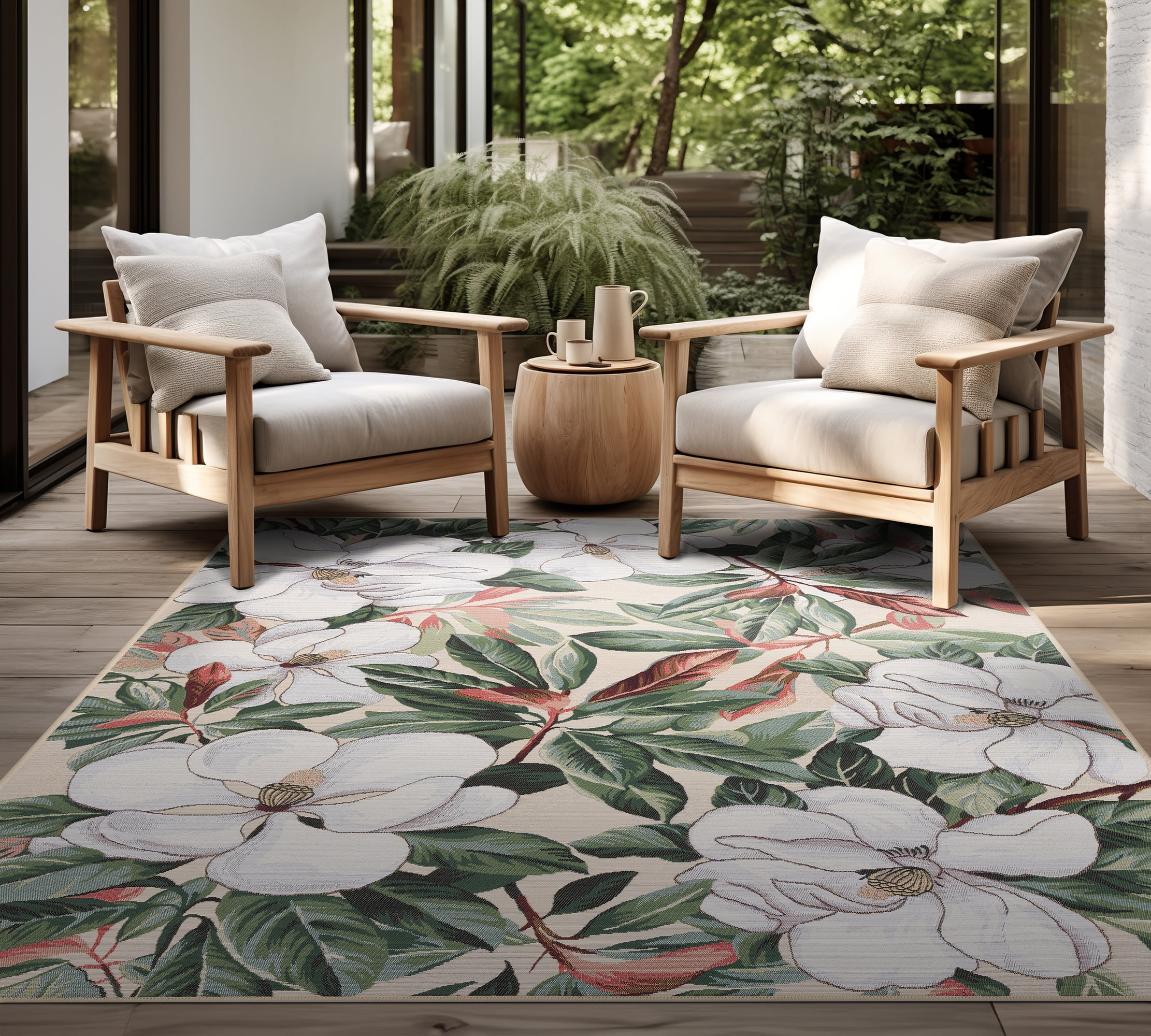 Stunning Transitional 8' x 10' Green and White Polypropylene Outdoor Area Rug