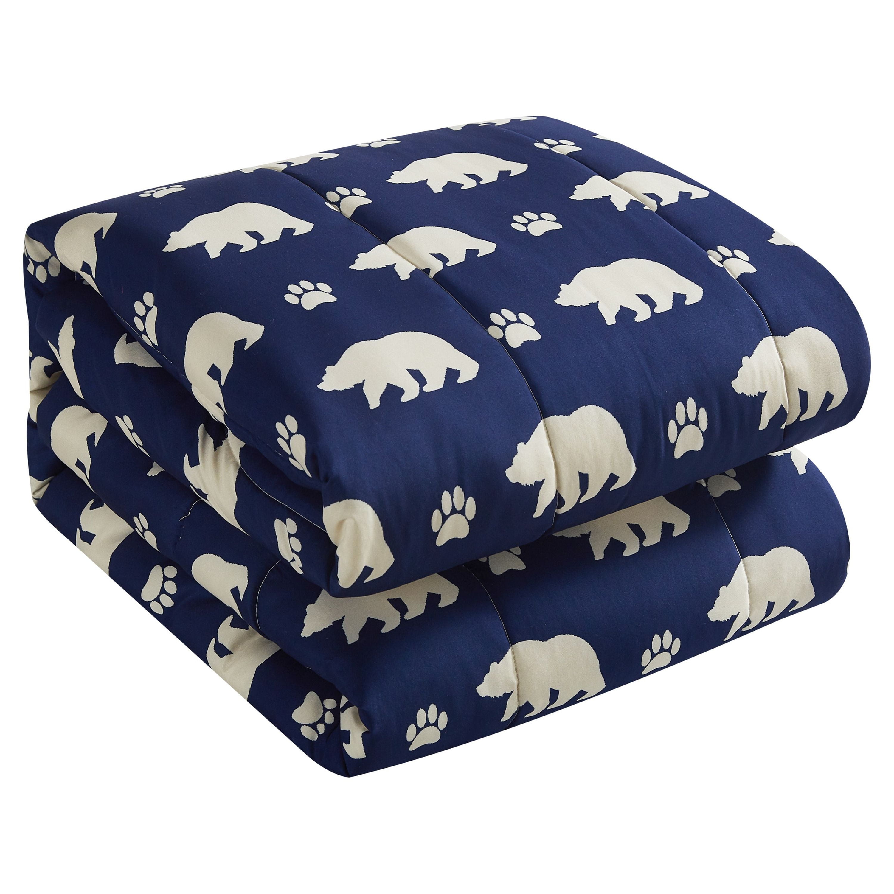 Dearfoams 4-Piece Plush Navy Bear Print Polyester Fill Comforter Set, Includes a Throw and Two Eyemasks, Queen