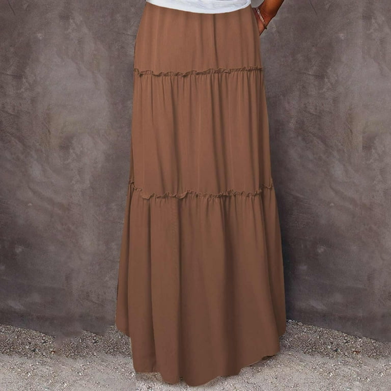 Ruffle Tiered Maxi Skirt Womens Elastic Tie Waist A Line Long Skirt Dress with Pockets Ladies High Waisted Skirts XX Large Brown