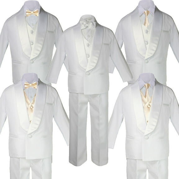 5-7pc Boys White Satin Shawl Lapel Suits Tuxedo CHAMPAGNE Satin Bow Necktie Vest