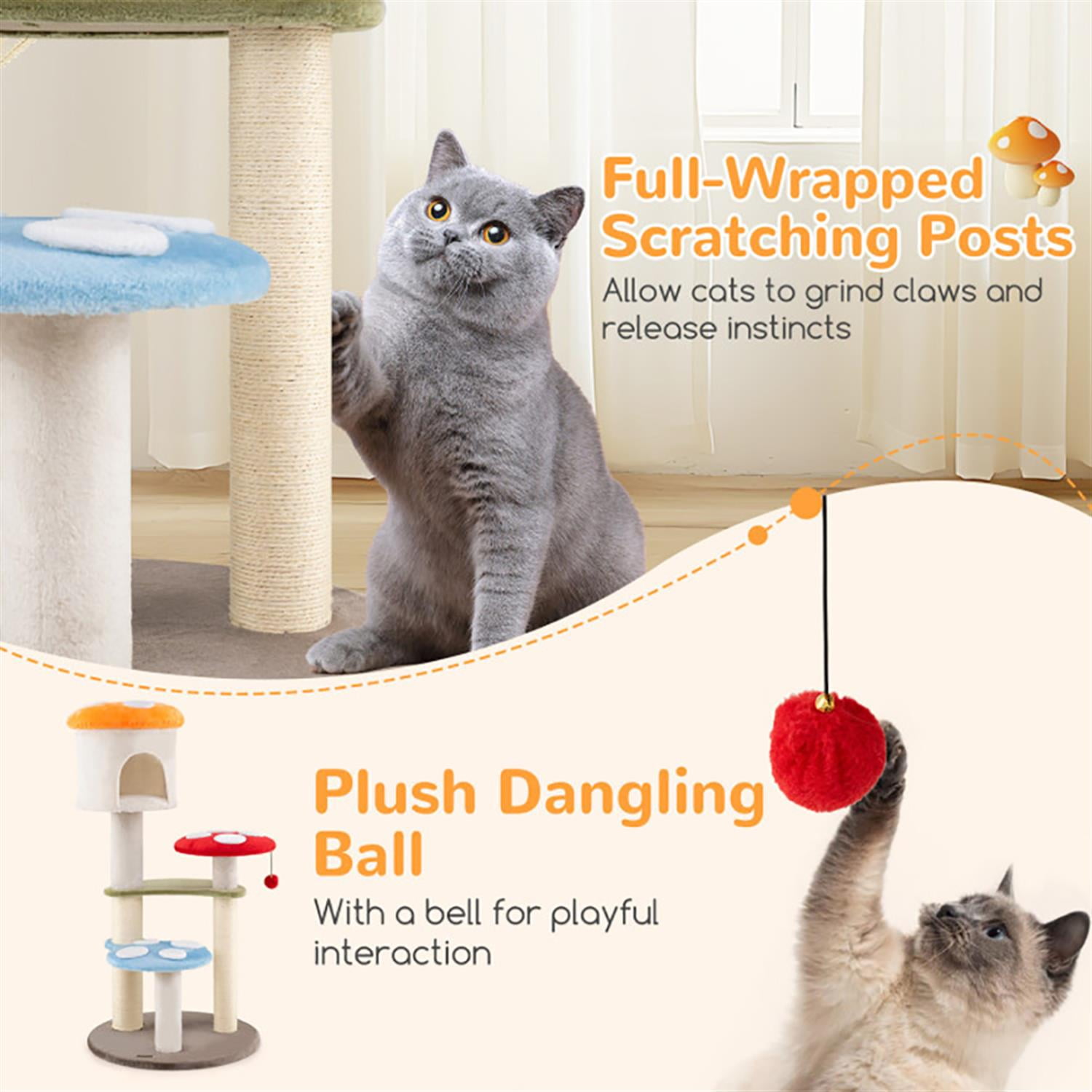 Kadyn 48" Cat Tree Tower with Cute Condo for Indoor Cats, Cat Tree House with Scratching Posts and Dangling Ball, Multicolor