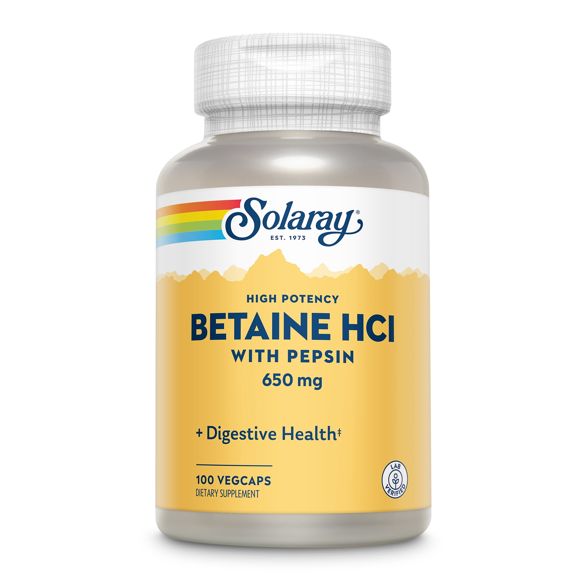SOLARAY Betaine HCL with Pepsin - High Potency Hydrochloric Acid Formula - Digestive Health Supplement with Digestive Enzymes for Gut Health Support - 60-Day Guarantee, 250 Servings, 250 VegCaps (100 Servings, 100 Veg Caps)