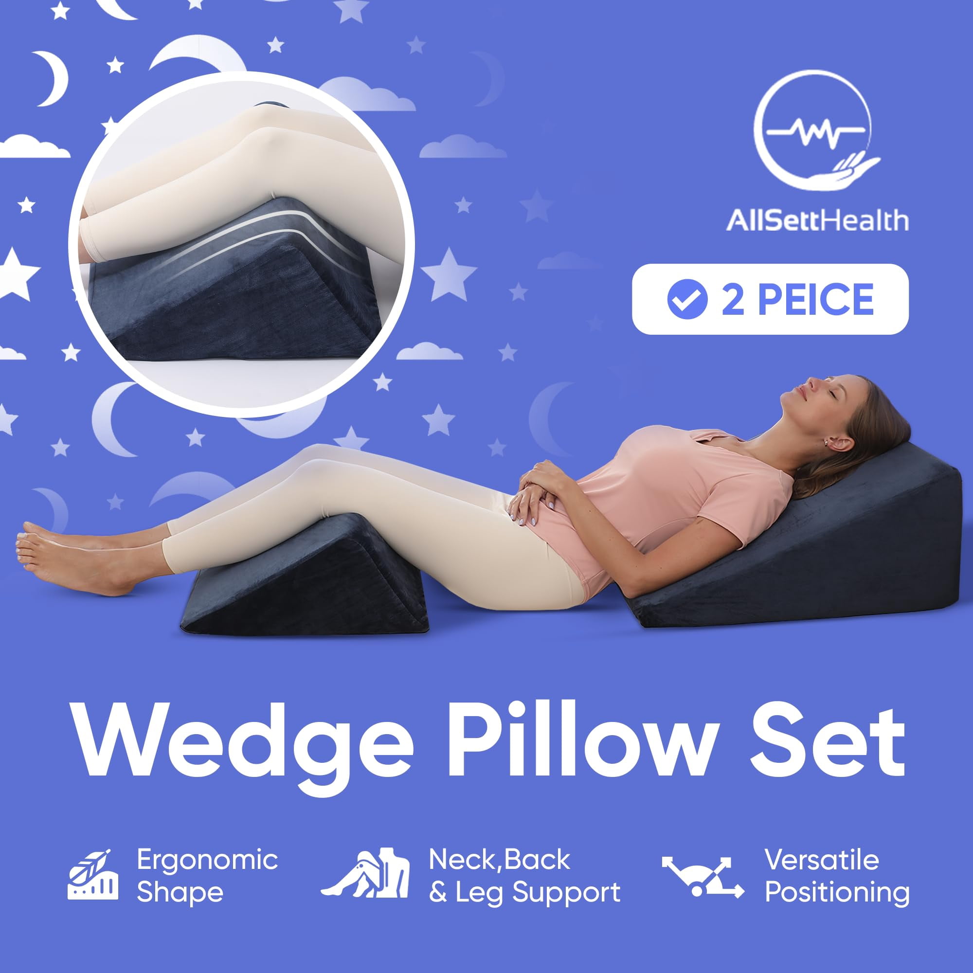 AllSett Health Bed Wedge Pillow Set – 2-Piece Memory Foam Support Cushions for Back, Legs & Knees, Navy