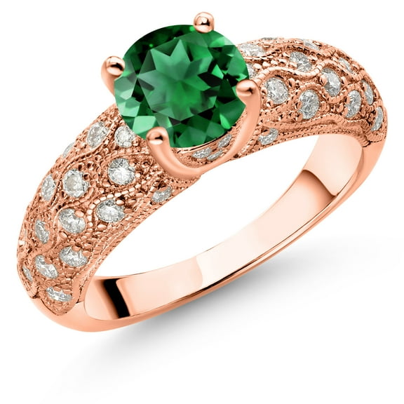 Gem Stone King 18K Rose Gold Plated Silver Green Nano Emerald and White Moissanite Engagement Ring for Women (1.56 Cttw, Round 7MM, Gemstone May Birthstone, Size 8)