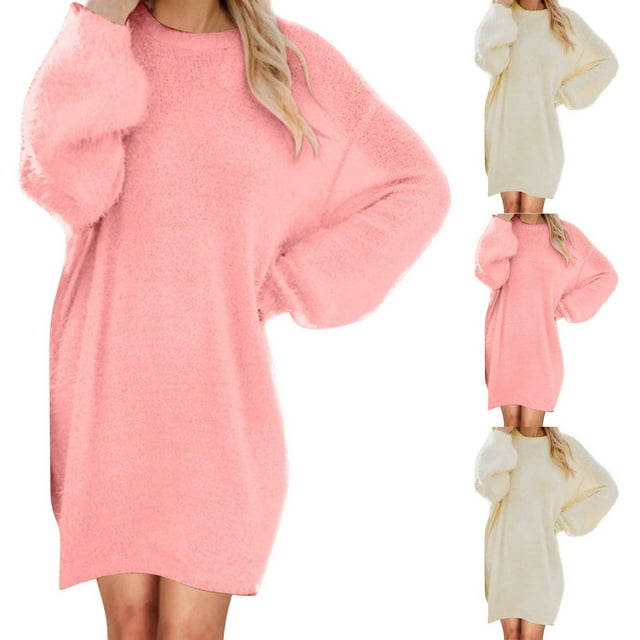 Daiosportswear Robe Chandail à Manches Longues pour Femmes, Robe Chandail à Col Rond Surdimensionnée, Robe Midi Ample et Duveteuse, Longues Robes en Tricot, Robes pour Femmes Rose TG(TG)