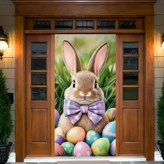 Suministros para fiesta de Pascua, decoración para puerta de Pascua, pancarta de bienvenida de conejito de Pascua, decoración de primavera para puerta de entrada, pared, interior y exterior (cubierta