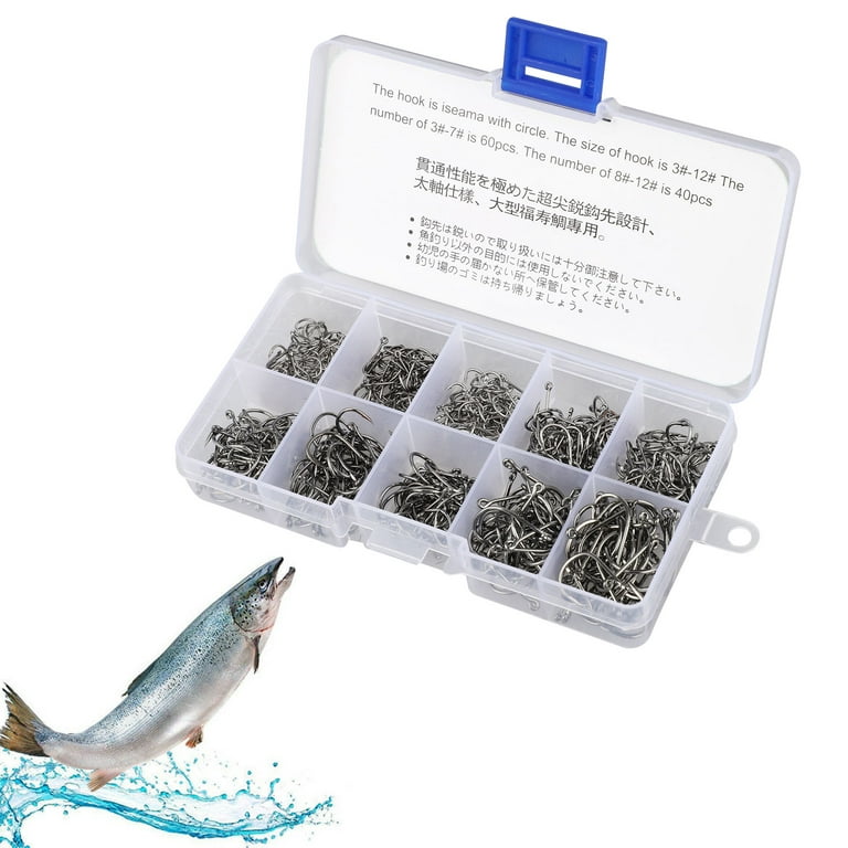 TSV 500pcs Fish Hooks 10 Sizes Fishing Black Silver Sharpened with Plastic Box Kit