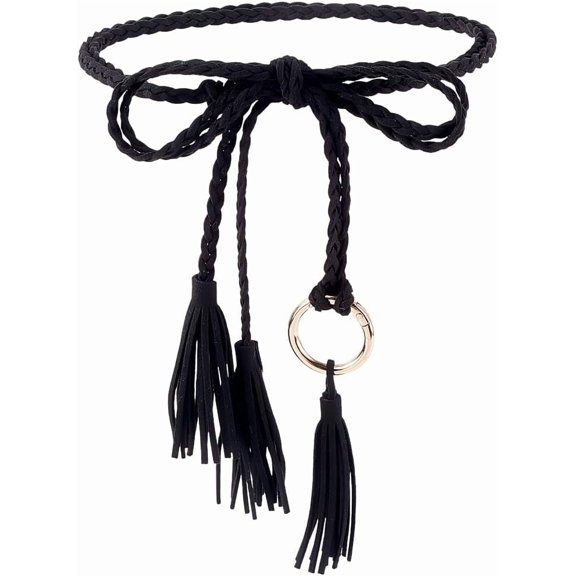 Women Boho Waist Belt Tassel Rope Belts Tie Skinny Black Leather Handmade Weaving Long Macrame Thin Decorative Chain Knotted