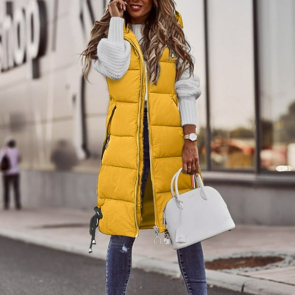 Jackets Coats Fall Vest Cardigan for Women, Casual Solid Coat Hooded Vest Zipper Pocket Loose Sleeveless Jacket Long Coat Yellow