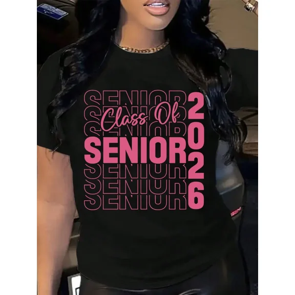 Women's Senior Class of 2026 Graduation T-Shirt Pink Graphic Short Sleeve Tee