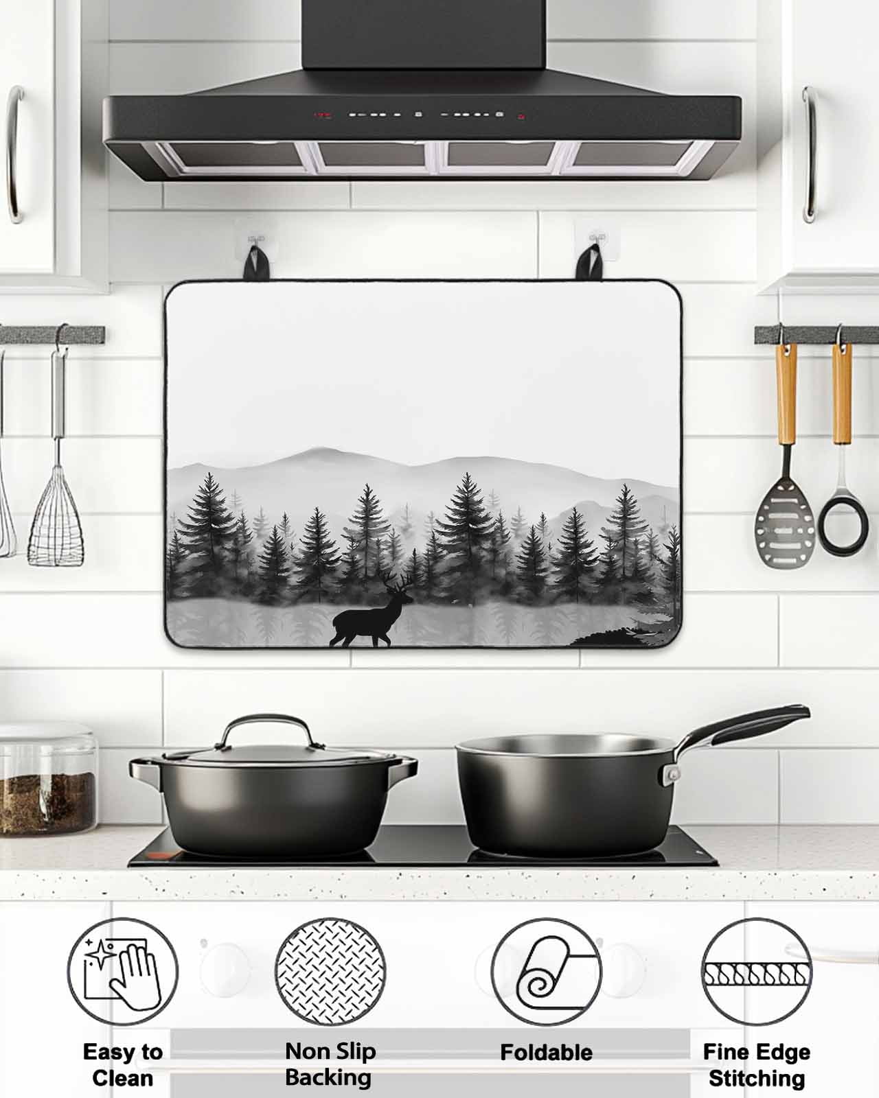 Stove Top Covers for Electric Stove, Black Forests Glass Stovetop Cover Protector, Pine Trees Elk Foggy Farmhouse Rustic Induction Cooktop Protector Oven Mat for Kitchen Countertop 24"x21"