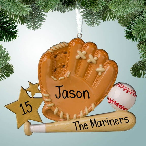 Personalized Baseball with Bat and Glove Christmas Ornament - Little League - Fielding - World Series - Sports - Gold Glove - Great Gift Ideas