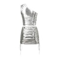 thumbnail image 6 of Bibifish Womens Skirt Sets Shiny Nightclub Club Party 2 Piece Outfits Summer One Shoulder Tops And Ruched Cropped Bodycon Mini Skirt, 6 of 8