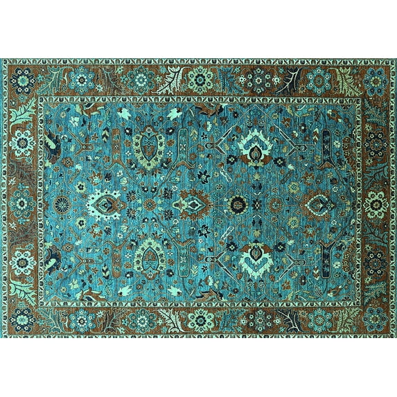 Ahgly Company Machine Washable Indoor Rectangle Oriental Turquoise Blue Industrial Area Rugs, 7' x 9'