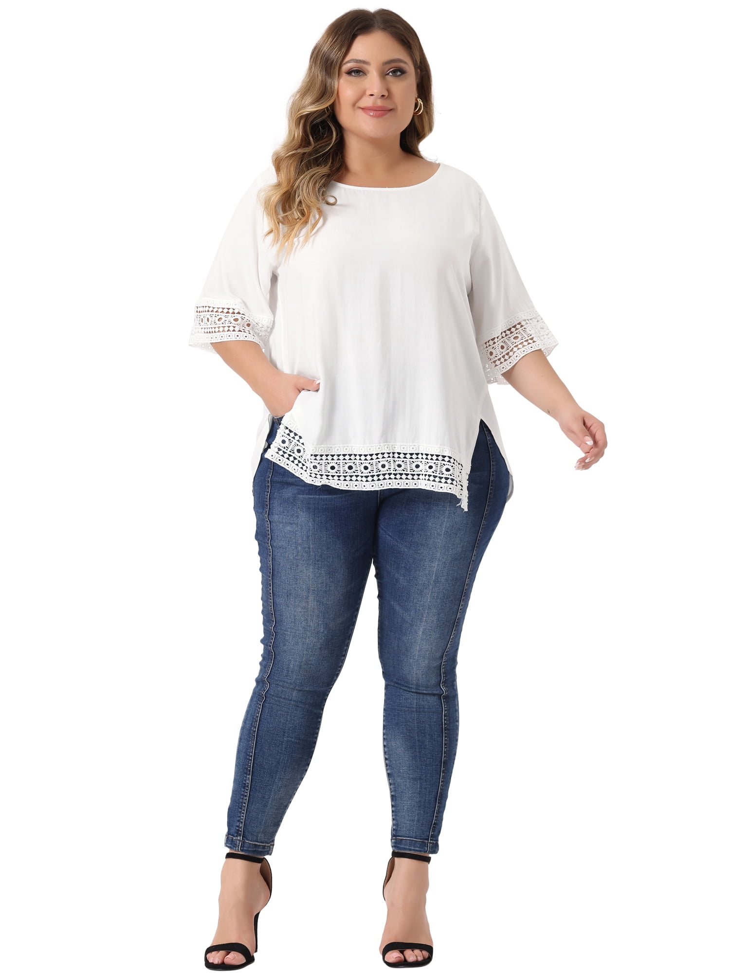 Women's Plus Summer Tops Lace Crochet Short Sleeve Casual Blouses 2X White