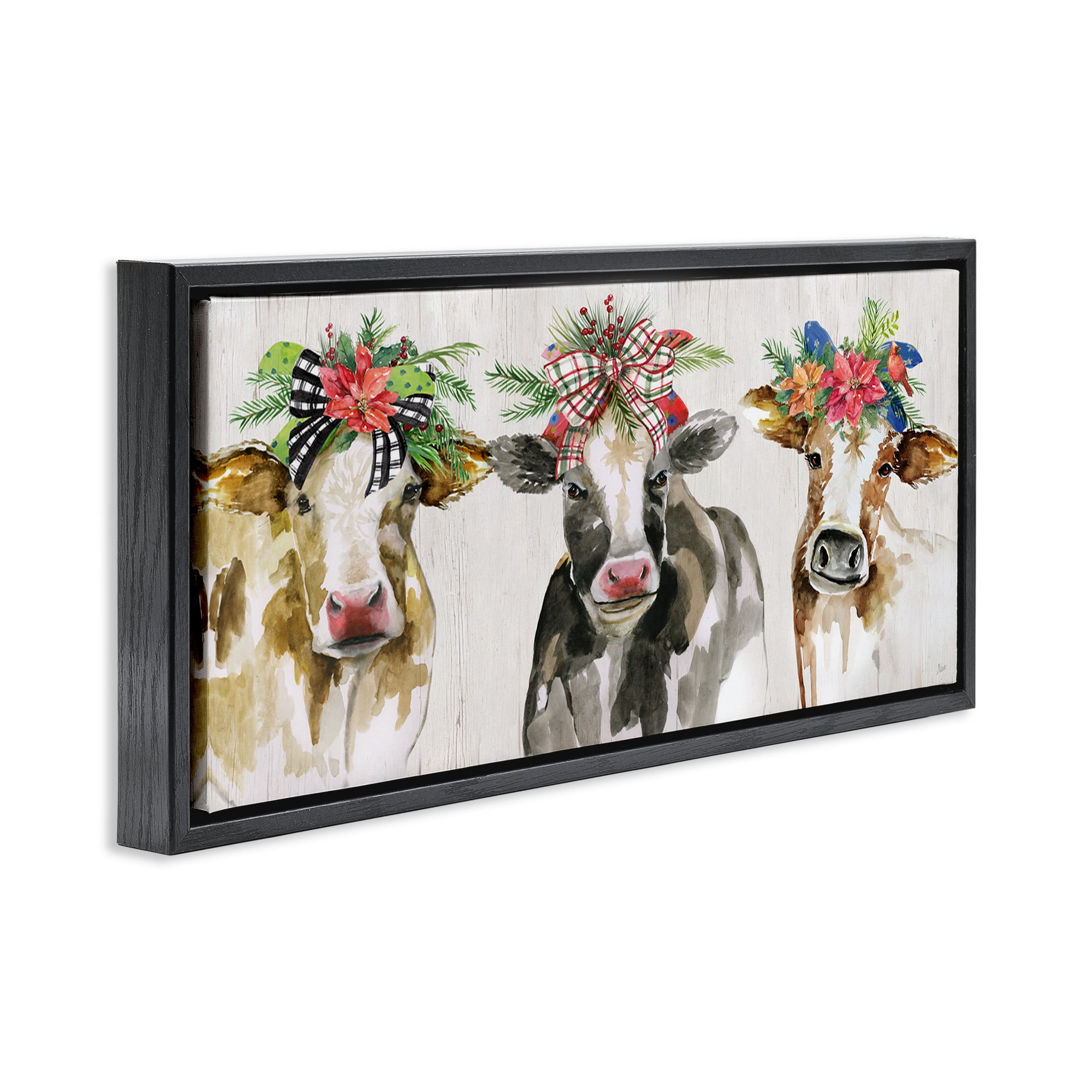 Stupell Industries Three Cows Seasonal Floral Crowns Animals & Insects Painting Black Floater Framed Canvas Art Print Wall Art, 31 x 14