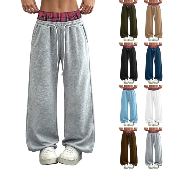 Hvogkswy Wide Leg Sweatpants Women Elastic Drawstring High Waisted Pants Plaid Lining Casual Workout Jogging Pants with Pockets