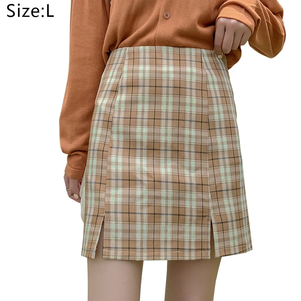 Women s Plaid Skirt High Waisted Pencil Mini Skirt Coffee bar L Walmart