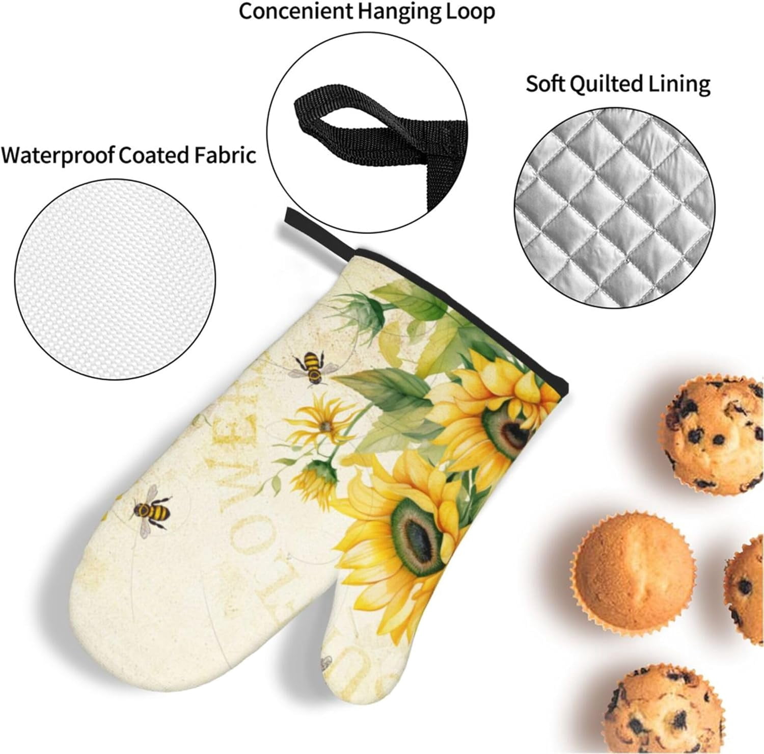 Sunflower Oven Mitts and Pot Holders Set of 4 Sun Flower Oven Mitts Heat Resistant Farmhouse Bee Potholders Non-Slip 4pcs Hot Pads Oven Gloves for BBQ Baking Grilling Kitchen Decor Housewarming Gift