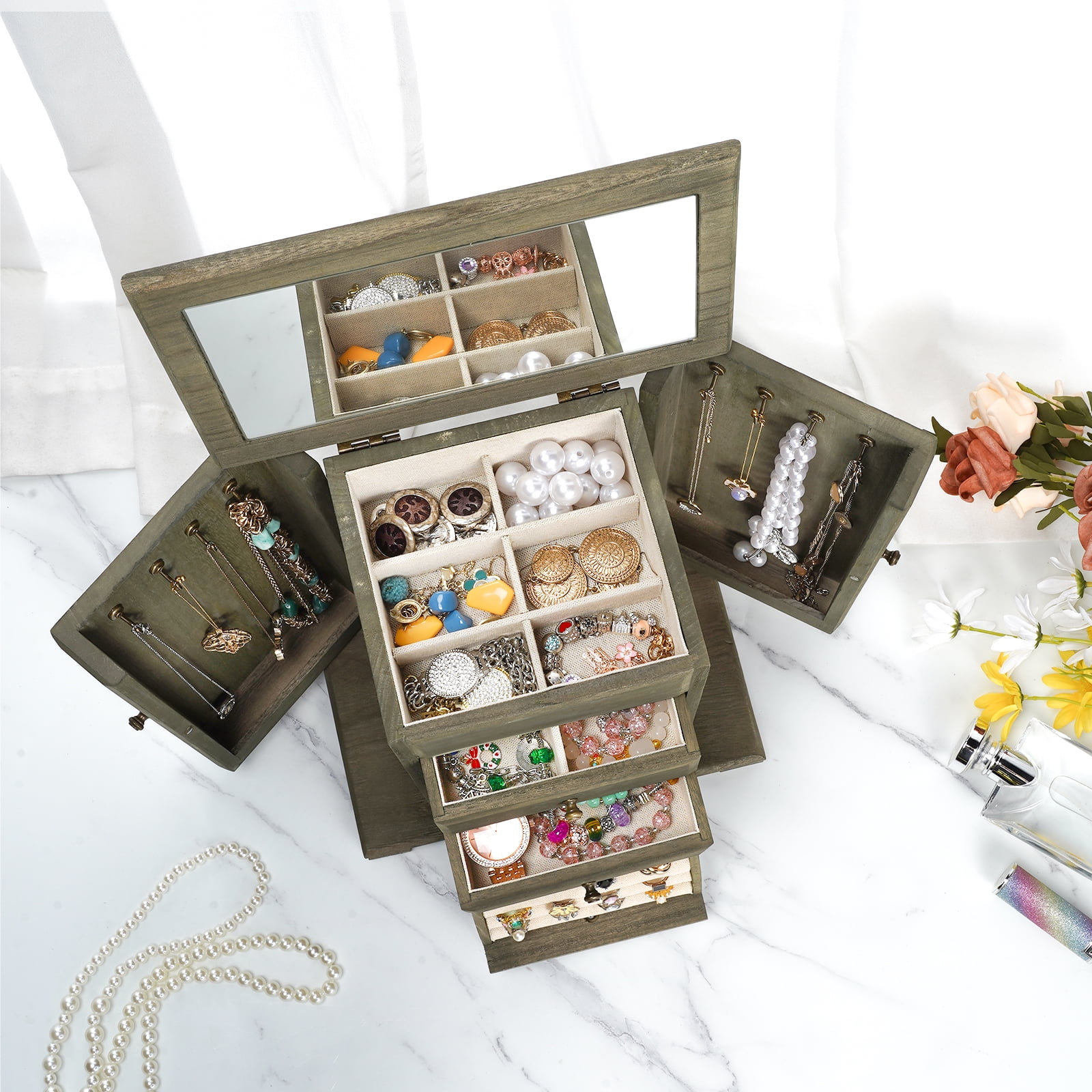 Sfugno Jewelry Box, 4 Layer Wooden Jewelry Boxes for Women, Jewelry Organizer Box Display for Rings Earrings Necklaces Bracelets,Weathered Gray