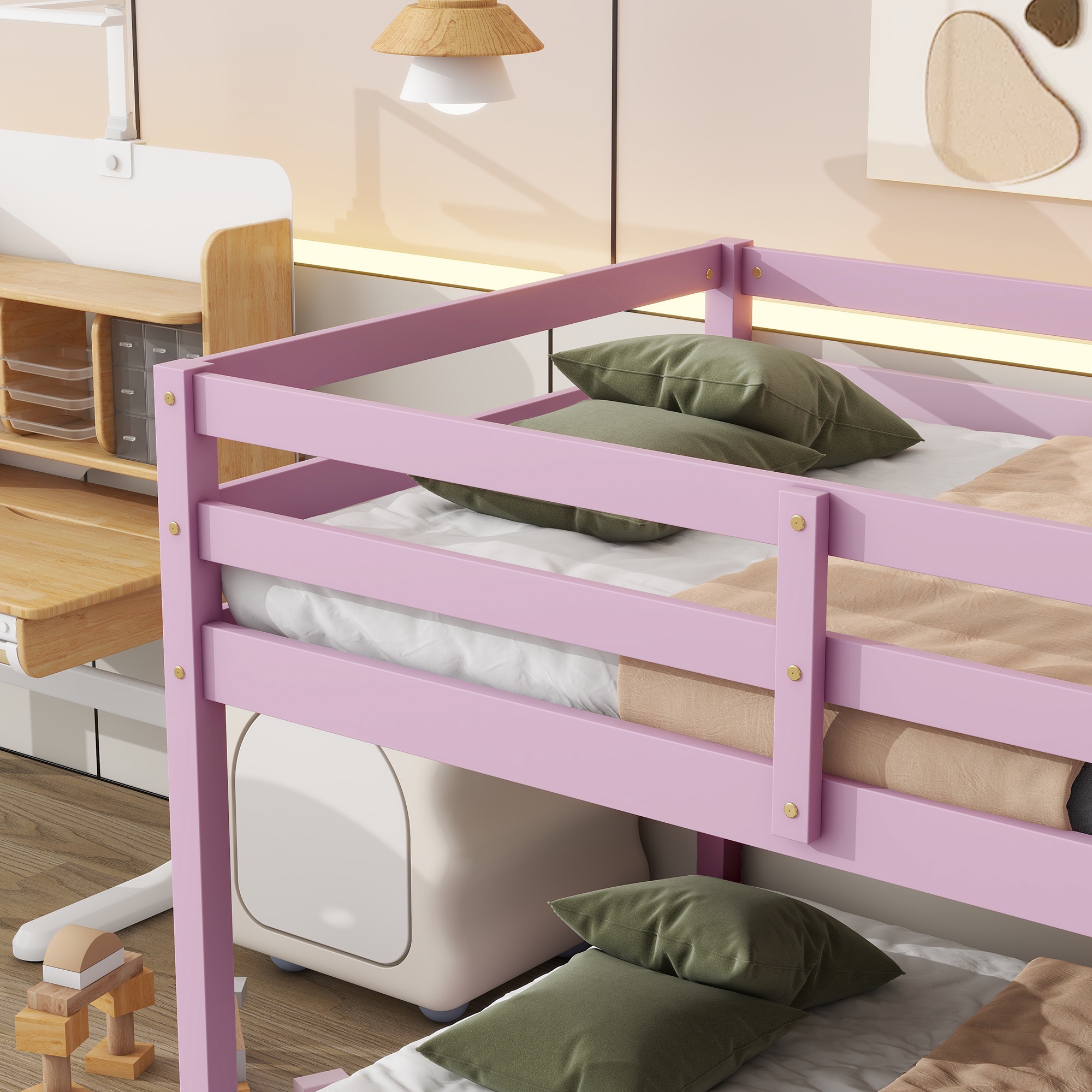 PORKISS Bunk Bed Twin Over Twin, Low Floor Bunk Bed for Kids with Guard Rails for Dorm, Small Space, No Box Spring Needed, Pink