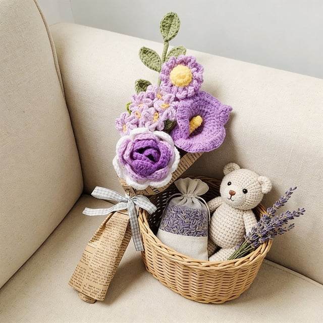 Ramo de Rosas Tejidas a Mano Flores Simuladas de Acrílico Púrpura con Hojas Verdes, Arreglo Floral de Ganchillo Decorativo, Regalo o Decoración para el Hogar, 36cm