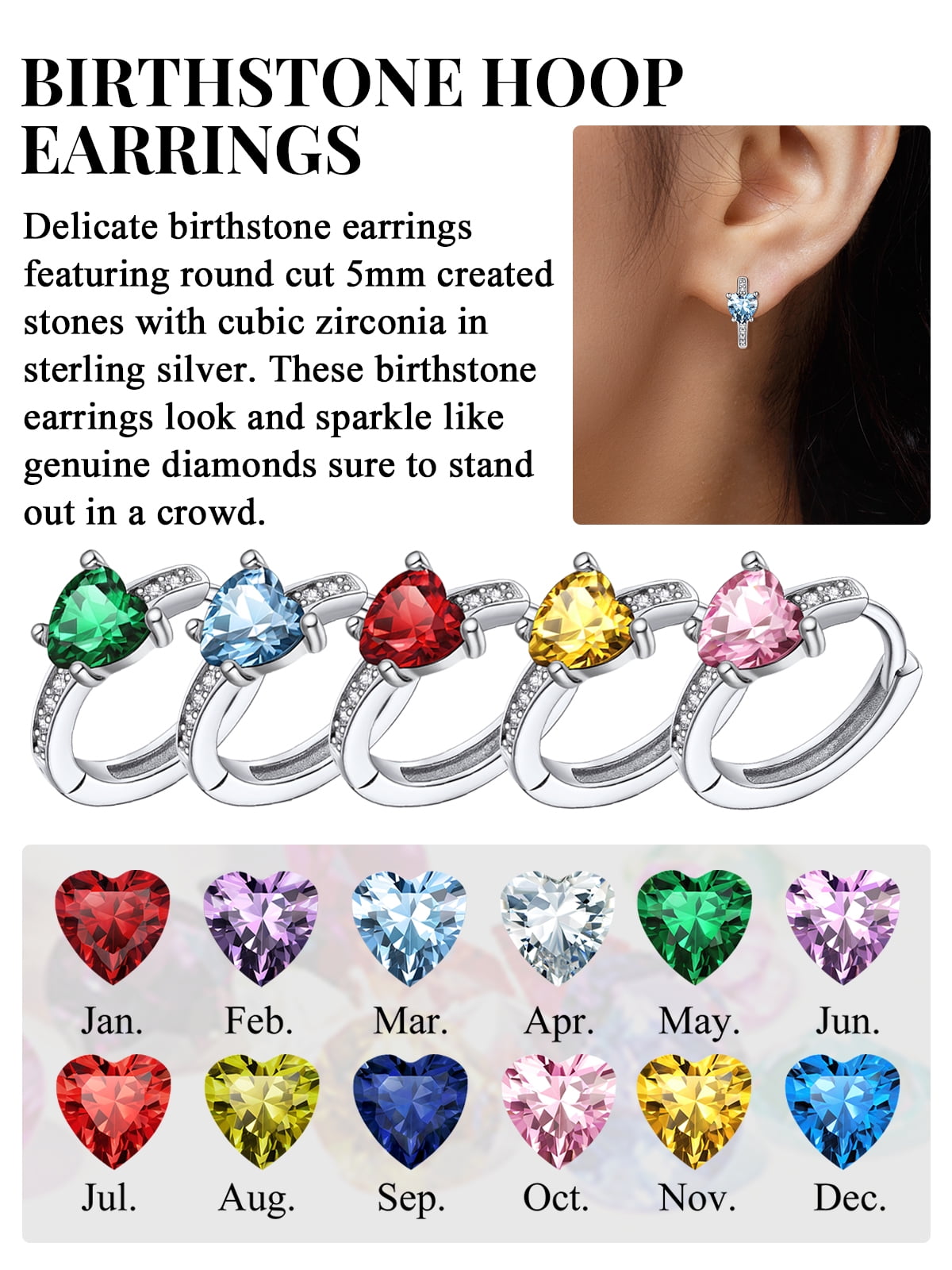 Silvora Sterling Silver Birthstone Hoop Earrings for Women Heart Cut Created Diamond Dainty Earring Birthday Christmas Valentines Jewelry Gift, May