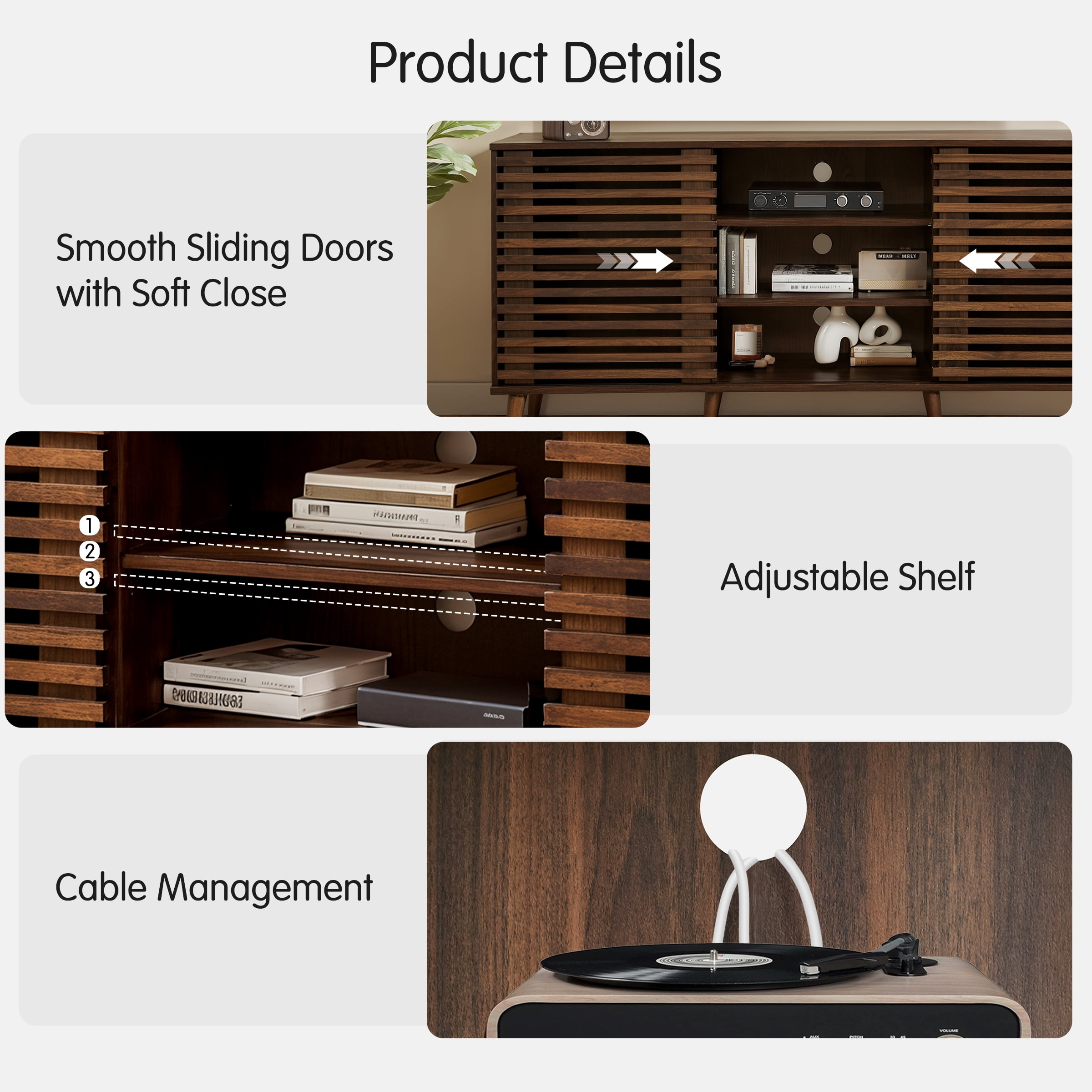 Subrtex Mid-Century Modern TV Stand Entertainment Center for TVs up to 60", Walnut Wooden Media Console with Slatted Doors & Adjustable Shelves for Living Room Storage