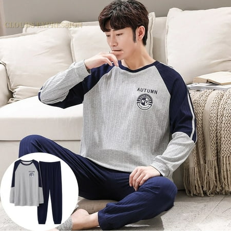 

QWZNDZGR Autumn Winter Men s Cotton Pajamas Letter Striped Sleepwear Cartoon Pajama Sets Casual Sleep&Lounge Pyjamas Plus Size 4XL Pijama