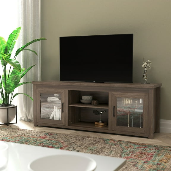 Masada Rugs Classic TV Stand for up to 80" TVs- Engineered Wood Media Console 65" with Full Glass Door and 3 Shelves in Black Wash