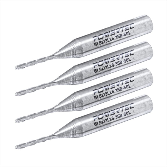 POWERTEC 73037-P4 Up Cut Spiral 1/16" Router Bit, 1/4" Shank Tungsten Carbide Router Bit with 1/2 Inch Cutting Length & 2" Long. Fits CNC Router, Handheld Router, Router Table & Plunge Router,  4 PK