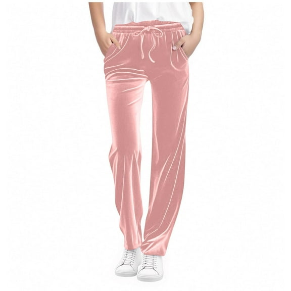 NAISIBABY Pants for Girls 10T, Straight Leg Drawstring with Pockets Casual Fashion Workout Velvet Pants Pink(5-15T)