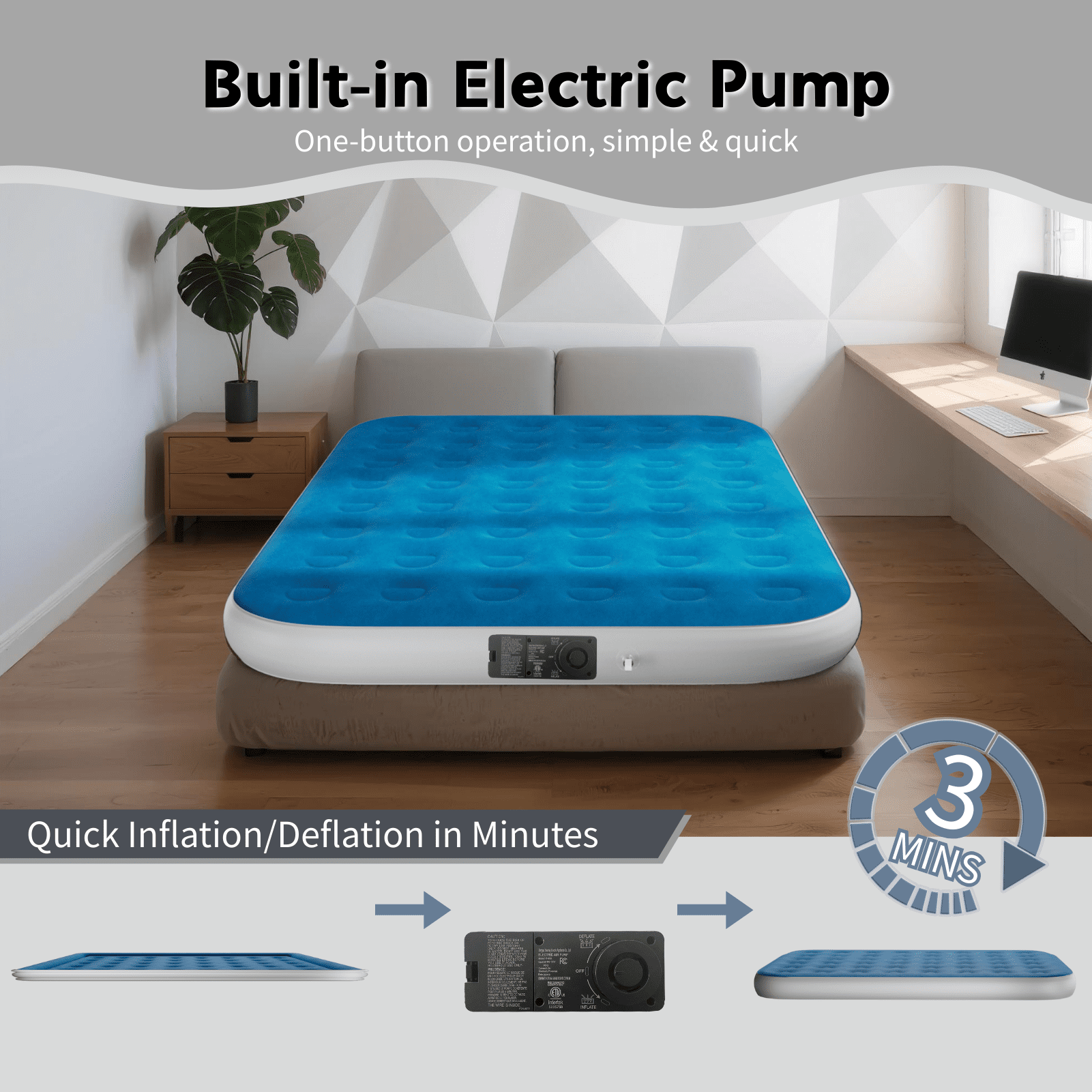Queen 10" Top Flocking Air Mattress with Built-in Pump Raised Comfort,Fast Inflation/Deflation Foldable Portable Air Bed with Storage Bag for Home,Camping,Guests Blue