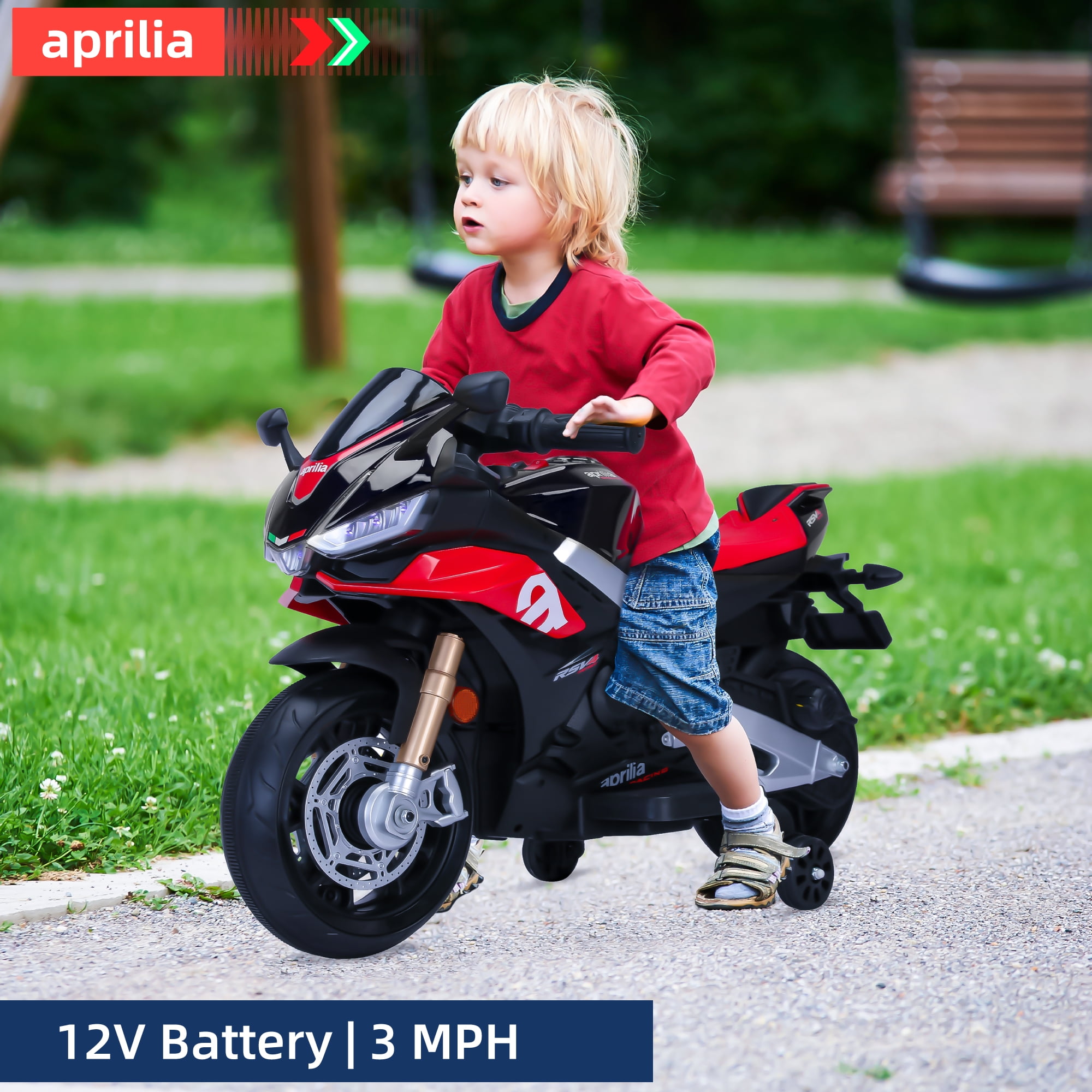 HEIMILI Black 12V Aprilia Kids Motorcycle Training Wheels Battery Motorbike w/Bluetooth Music LED Lights