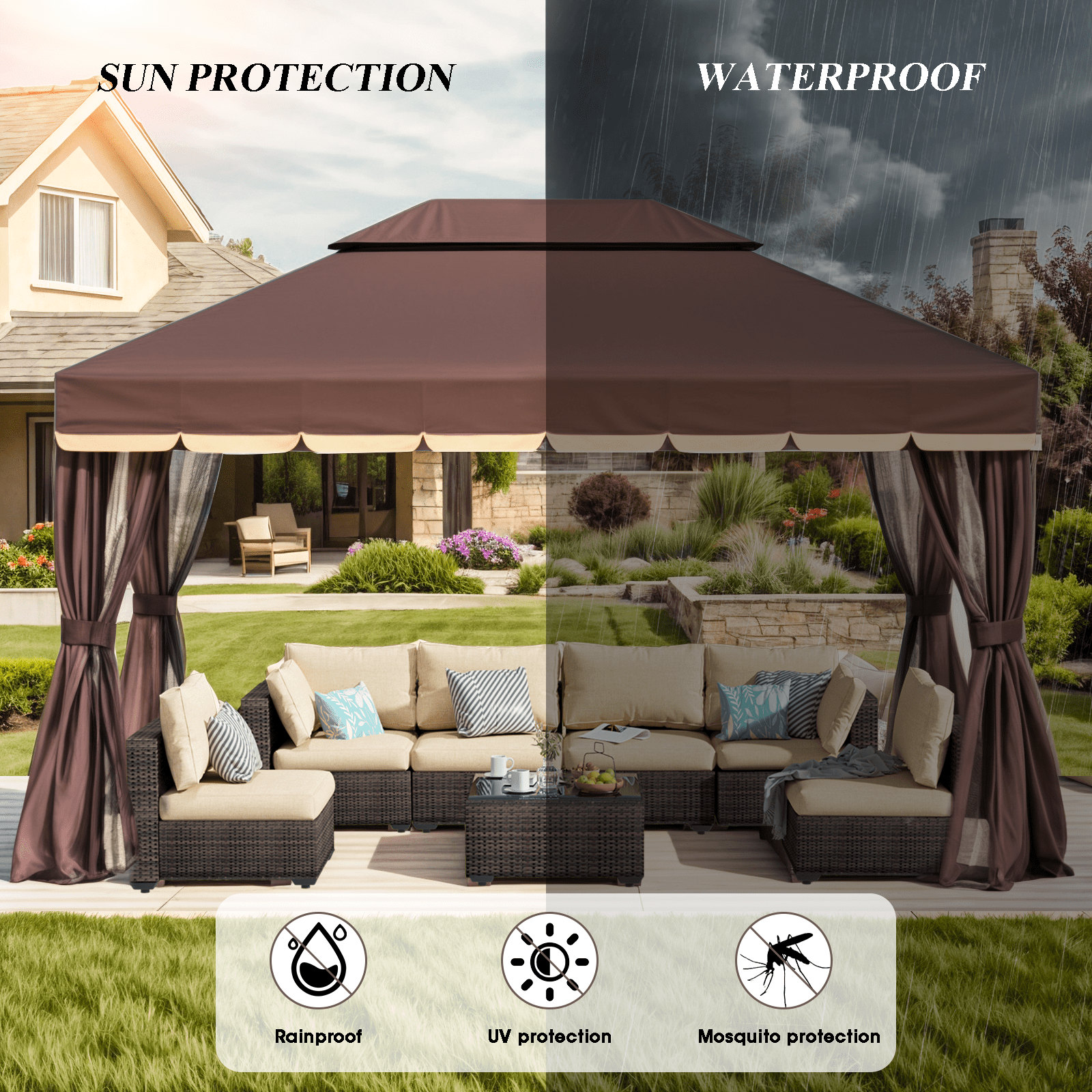 Grezone 10×13 FT Deluxe No Screws Gazebo,Double Roof Outdoor Shelter Tent with Mosquito Nettings and Privacy Screens