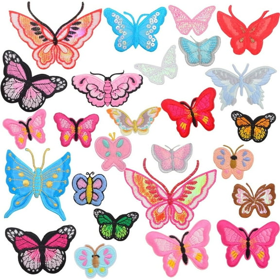 26pcs Butterfly Iron on Patches Pink Series Multiple Butterflies Shapes Embroidered Sewing Patch Appliques Accessories for T-Shirt Clothes Dress Hats Bags Jeans Decoration