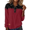 thumbnail image 2 of Vivianyn HD Women's Denim Patchwork Henley Top, Long Sleeve Casual Button Down Blouse,Wine,Size S-XXL, 2 of 7