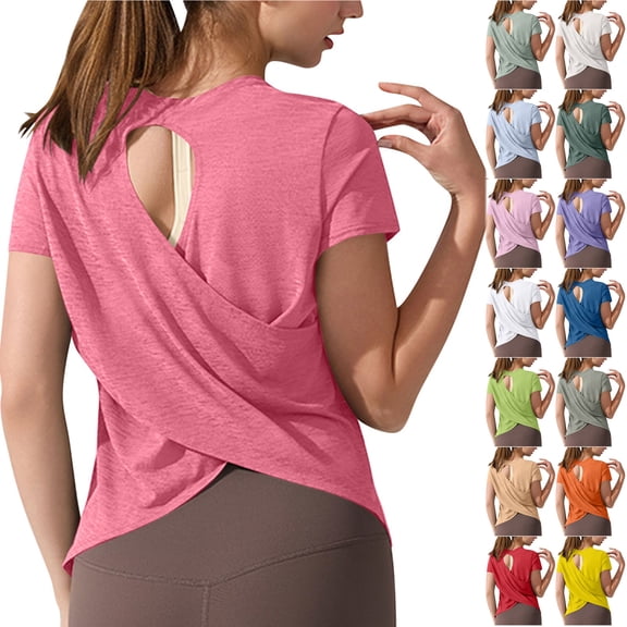 Otntypg Women's Short Sleeve Athletic Shirts Open Back Workout Tops Ultra-Light Sheer Quick Dry Loose Fit Gym Running Yoga T-Shirts
