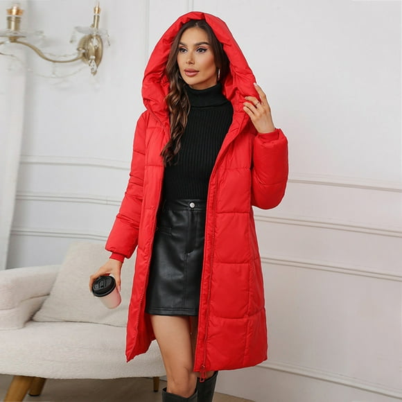 Women's Hooded Long Puffer Coat Winter Warm Full Zip Thicken Fleece Lined Parkas Warm Puffer Jacket Quilted Jacket with Pockets Red M