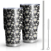 30oz Black Daisy Flower White Blooms Pattern Tumblers Stainless Steel Tumbler with Lid and Straw,Vacuum Insulated Double Wall Travel Tumbler Cups Mug with Cleaning Brush for Coffee,Tea