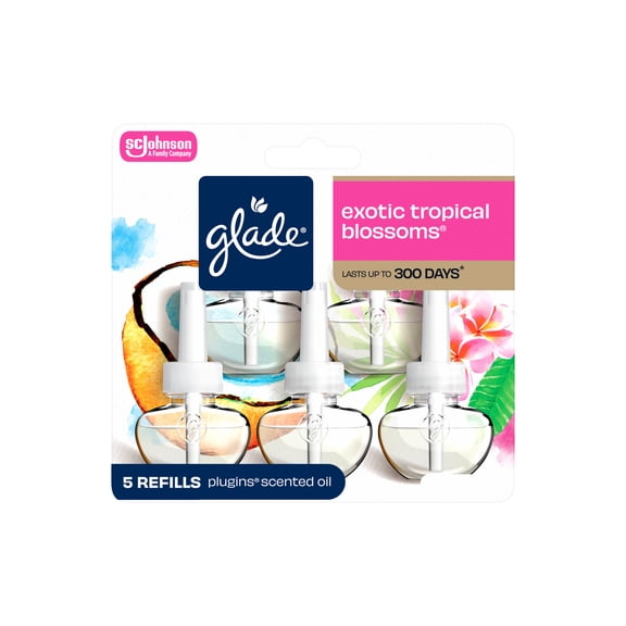 Glade PlugIns Refill 5 CT, Exotic Tropical Blossoms, 3.35 FL. OZ. Total, Scented Oil Air Freshener Infused with Essential Oils